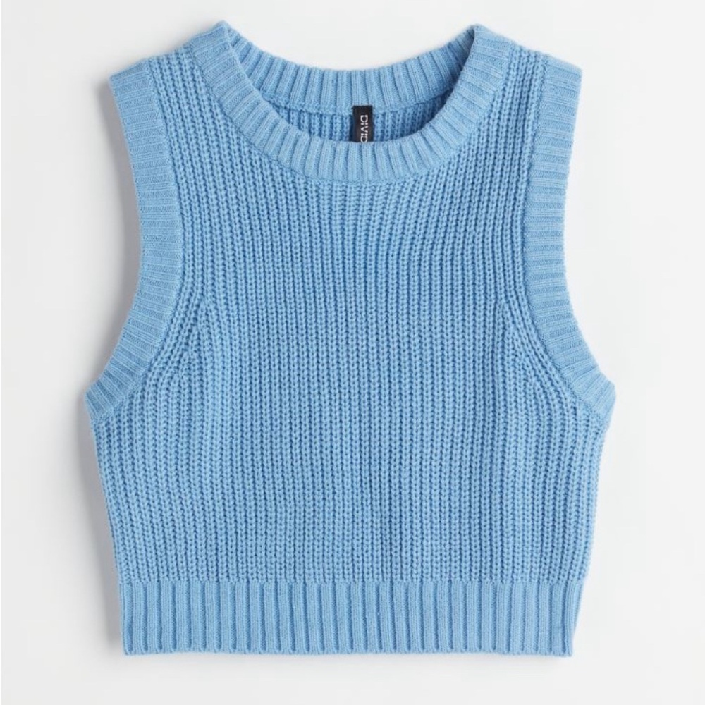 Blue and White Cropped Ribbed Sweater Vest
